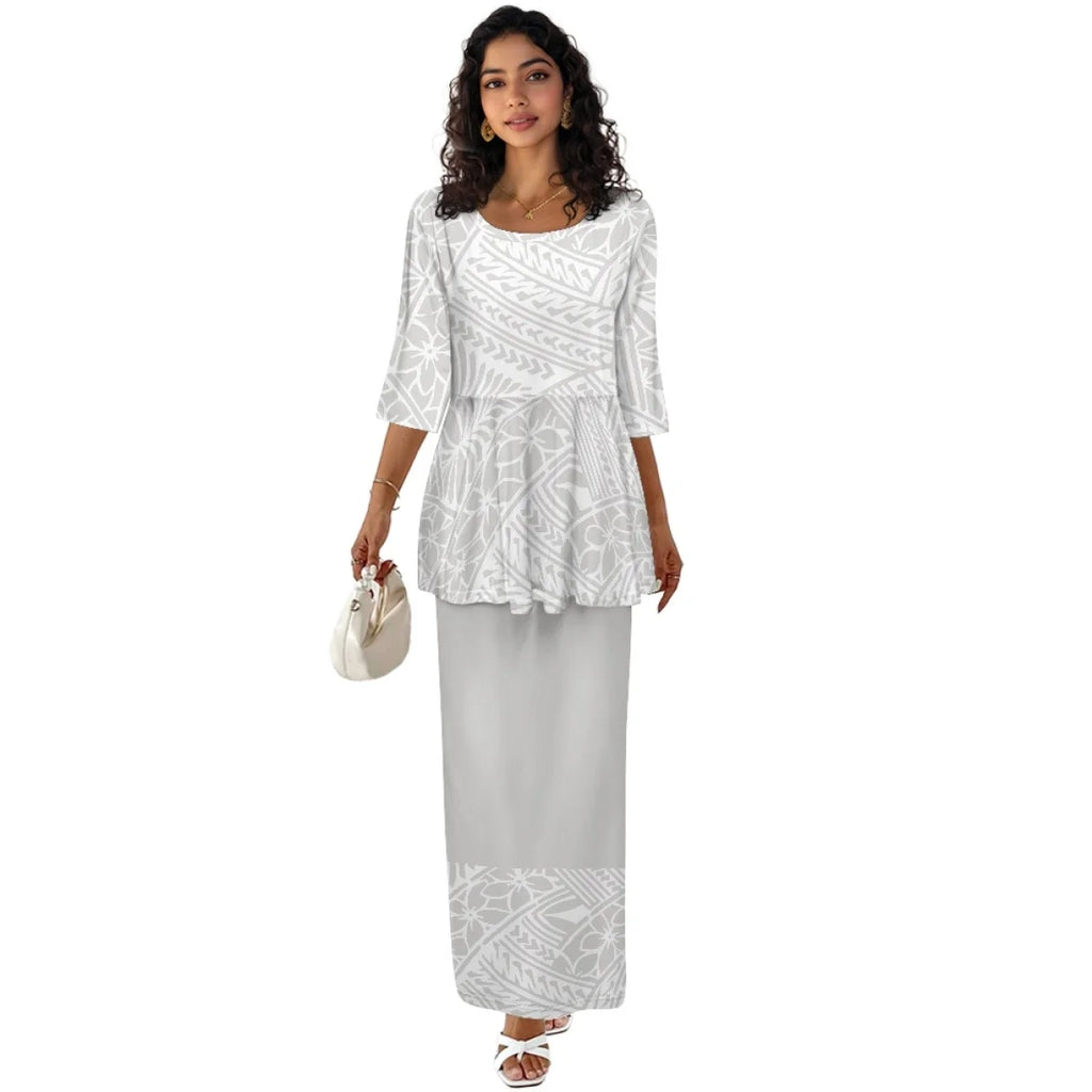 Printed Polynesian Tribal Print crew neck Samoan Puletasi Custom Top And Skirts Womens Two Piece Outfits Set Dress