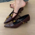 Luxury Metal Buckle Designer Women's Spring Leather Shopping Party Stiletto Heels 2025 Retro Outdoor Casual Women's High Heels