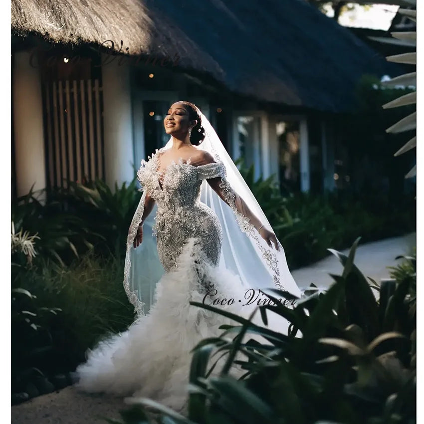Customized Luxury Beading Mermaid Wedding Dress 2025 New Off The Shoulder Tulle Rufflus Africa Mermaid Wedding Dresses W1426
