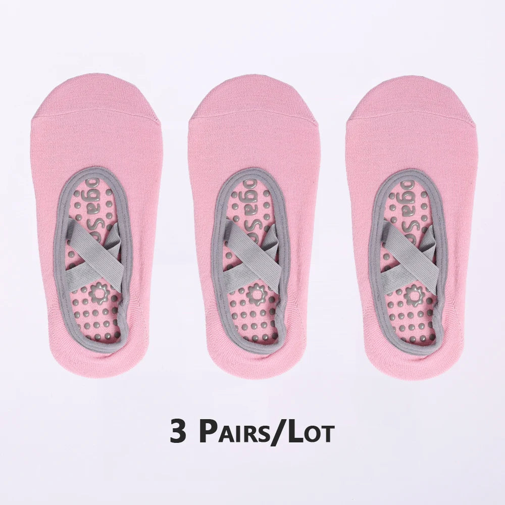 3 Pairs Non-Slip Pilates Socks Bandage Cotton Backless Yoga Socks for Women Fitness Ballet Dance Workout Sport Socks Slipper