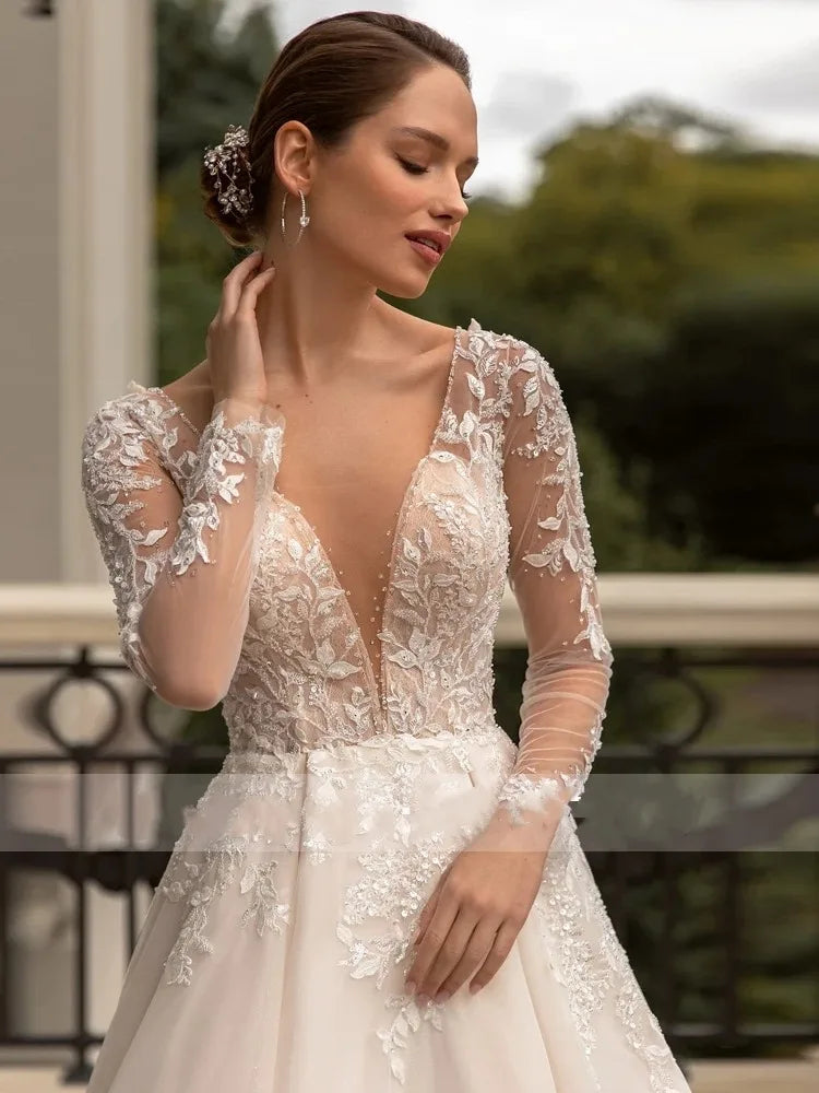 Boho V-neck Wedding Dresses Long Appliques Sleeves Lace Illusion Back Tulle Bridal Gowns Vestidos De Novia