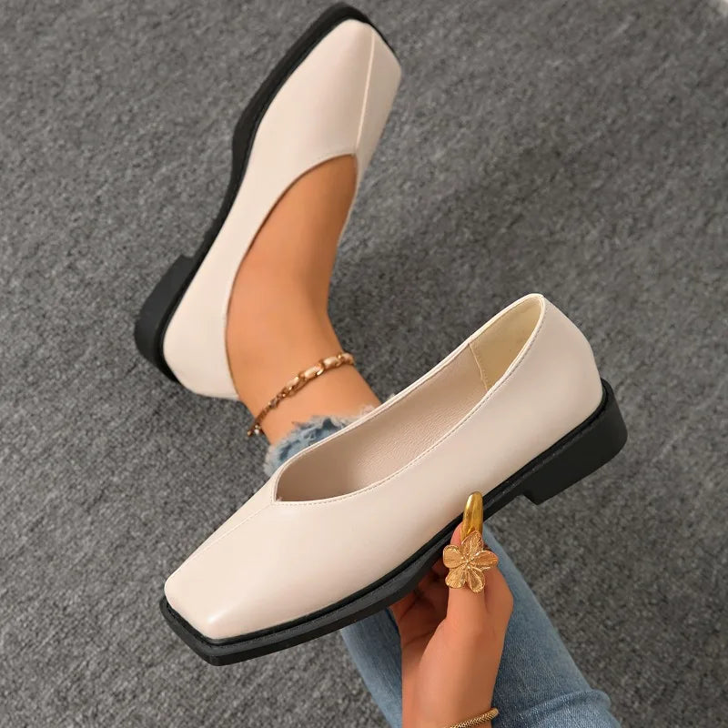 Slip-on Block Heel Single Shoes Fashion Square Toe Shallow Mouth Soft Sole Non-slip Block Heel Leather Shoes