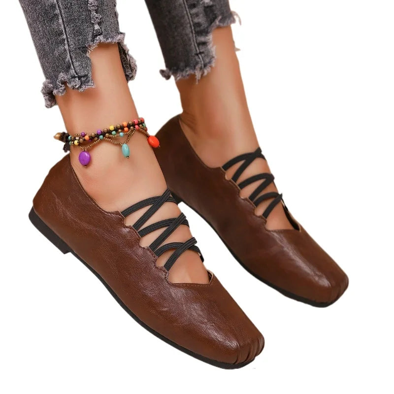 2026 New Retro Versatile Low-heel Lace-up Cuff Women's Flats Shoes for Women Large Size Square Toe Soft Bottom Ladies Shoes