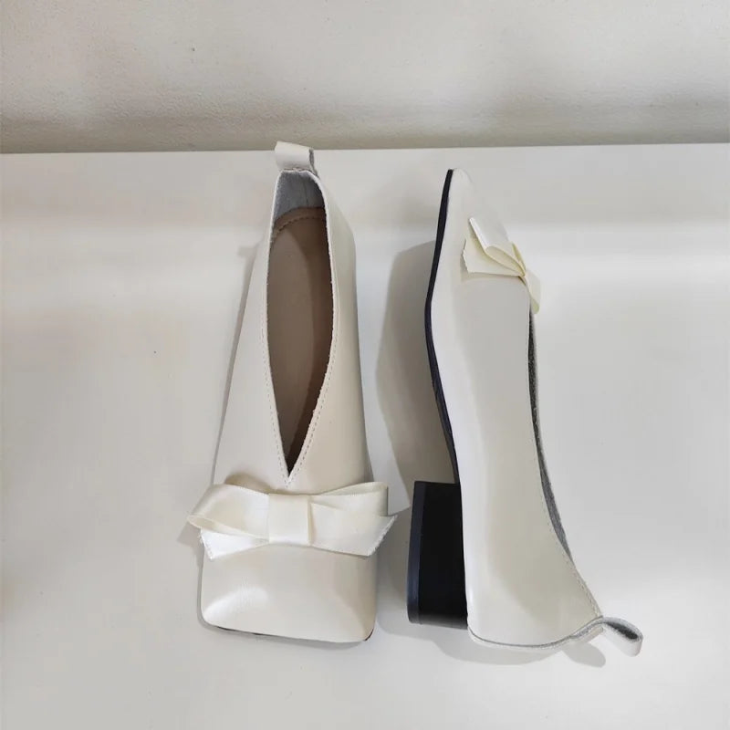 Fashion Women's Basic Black Soft Leather Ballet Shoes Flat Shoes Square Toe Shallow Bow Ballet Single Shoes