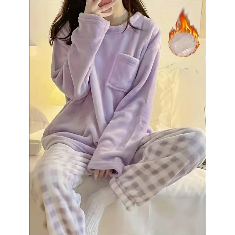 Thickened Warm Sleepwear for Winter Simple O-Neck Loose Flannel Plaid Pants Loungewear Soft 2 Piece Set Pajamas Homewear