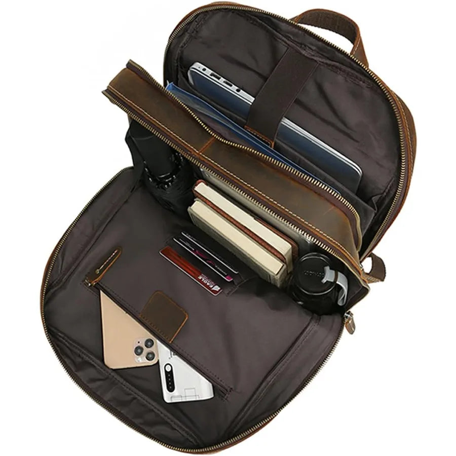 LANNSYNE Vintage Genuine Leather 16" Laptop Backpack For Men Hiking Travel Bag Camping Rucksack