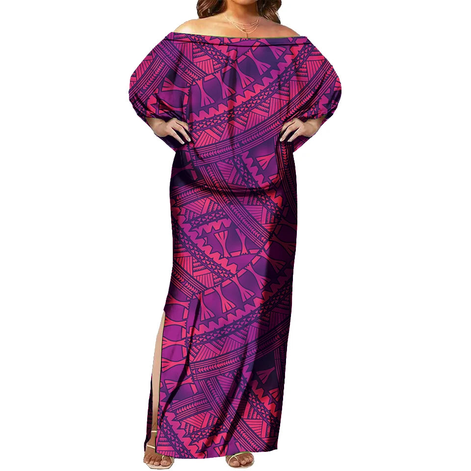 Tapa Tribal Design Sexy off Shoulder Sleeveless Dress Tropical Floral Print Polynesian Fashion Maxi Dress Tight