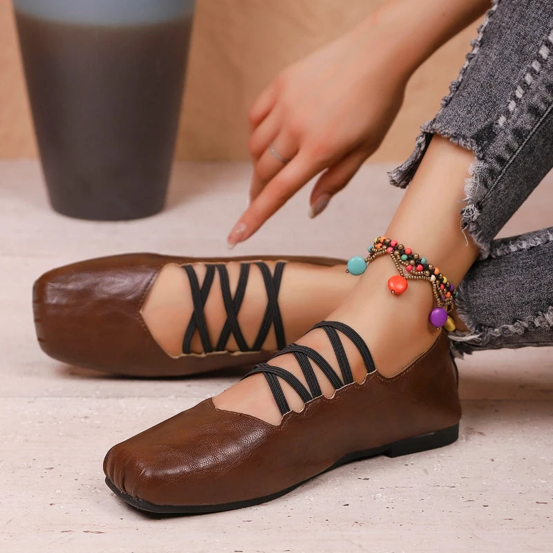 2026 New Retro Versatile Low-heel Lace-up Cuff Women's Flats Shoes for Women Large Size Square Toe Soft Bottom Ladies Shoes
