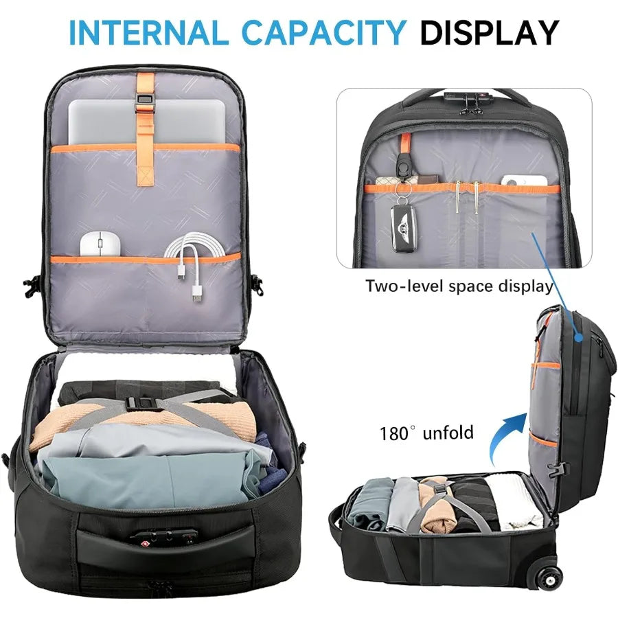 Large Rolling Backpack for WomenandMen 50L Work Backpack with Wheels Business Laptop Backpack with USB Port TSA Lock Carry On f