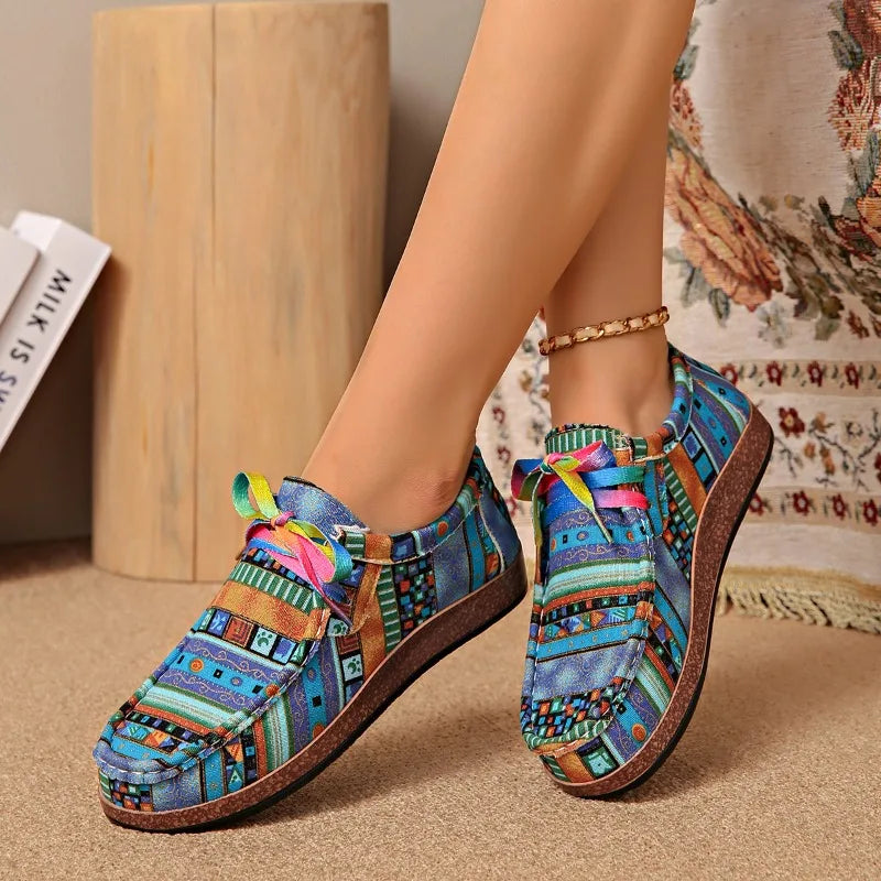 Ethnic style casual women's single shoes, colorful lace-up graffiti low-top shoes, comfortable round-toe women's shoes