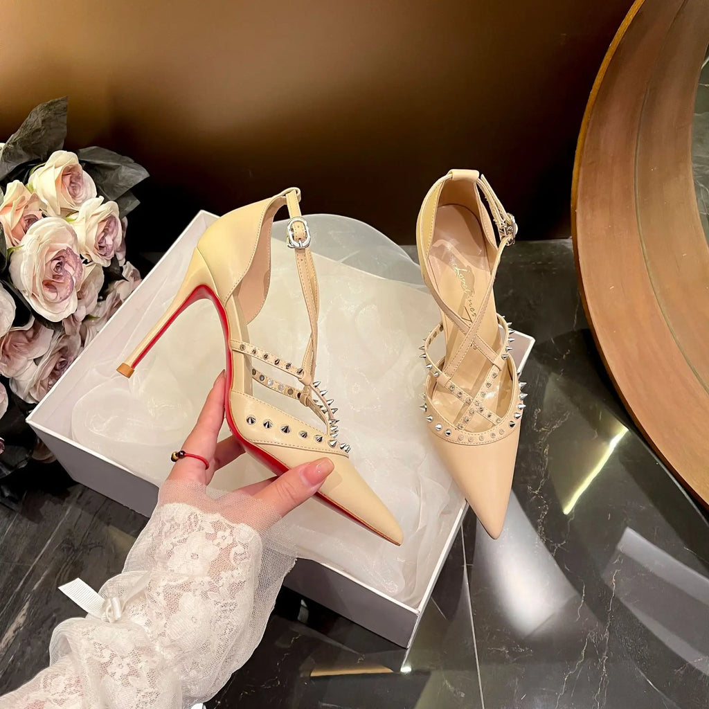 Retro Woman Shoes Sandals Stiletto Heels Suit Female Beige Original Gladiator Fashion Sexy Studded Leather High Girls Black Comf