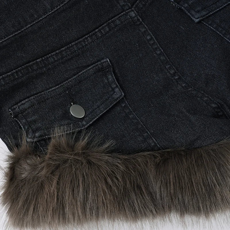 2025 Winter New Retro Fluffy Splicing Denim Shorts Spice Girl Warm Fashion Low Waist Hip Hot Pants Women