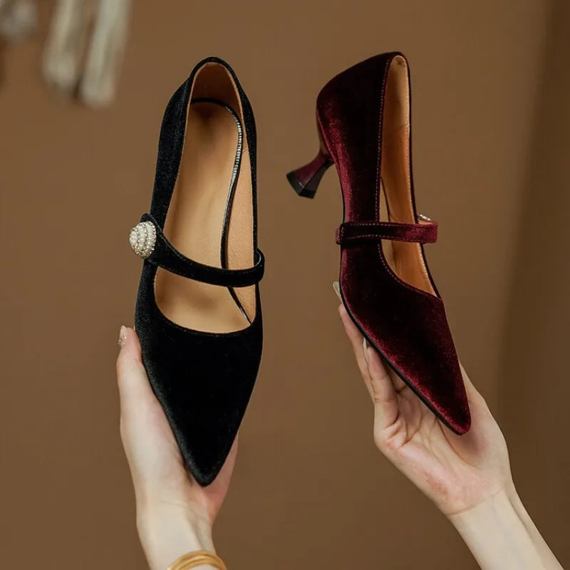 Wine Red Pointed Toe Mary Jane Shoes Women's Vintage One Buckle Stiletto Pointed Toe Single Shoes Velvet Pumps