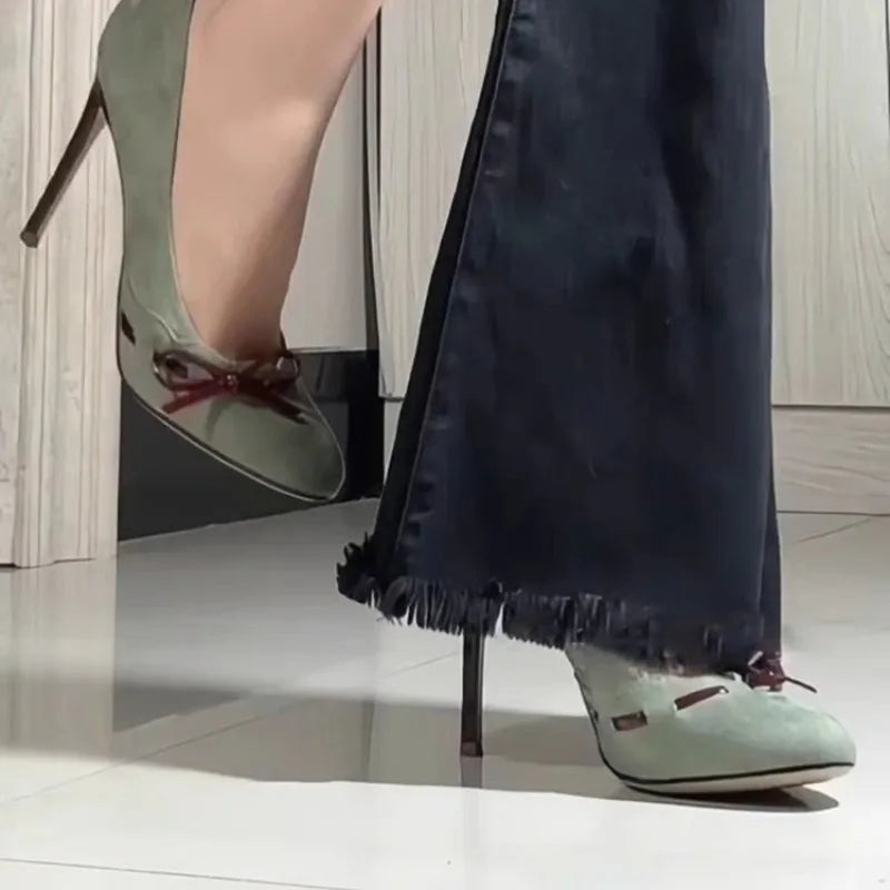 Temperament Super High Heel Single Shoe Round Toe Shallow Suede Butterfly Knot Slip-on Stiletto