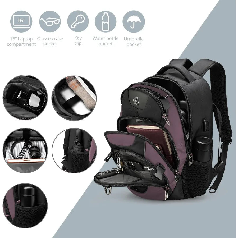 Swissdigital Design Laptop Backpack with USB Charging Port Travel Backpack Fits 15.6 inches Computer 31L College School Backpac