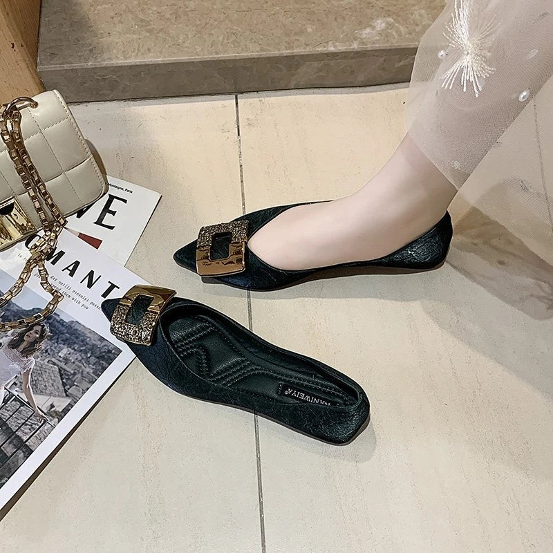 Spring Autumn Summer Winter Women's Flat Shoes Soft Bottom Square Buckle Design Casual round Toe Shoes Comfortable Rubber Sole