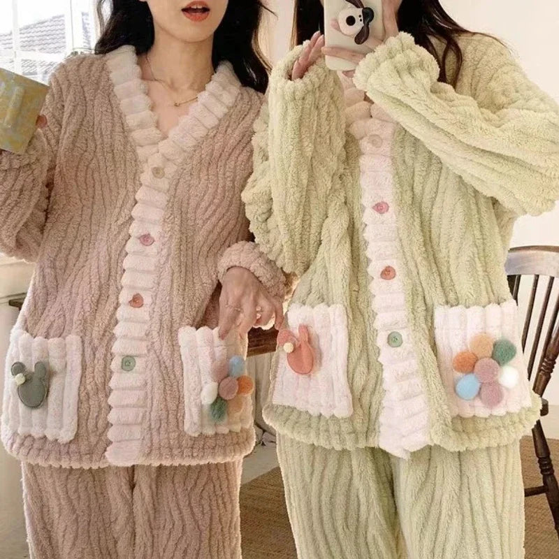 Thickened Warm Flannel Women's Pyjamas Loungewear Outside Suit Winter Sweet Cute Soft Fairy Wind Female Sleepwear Homewear