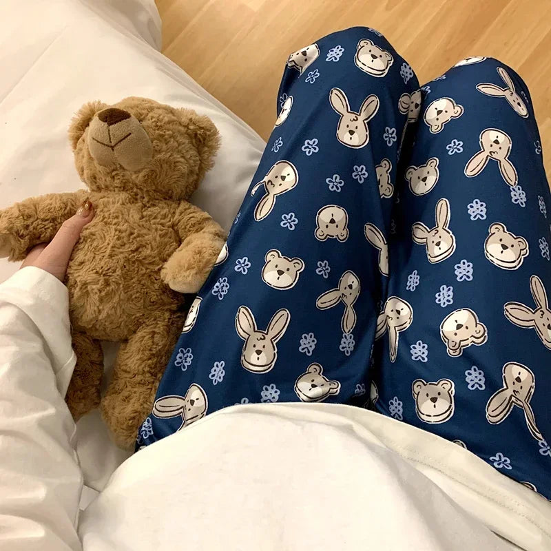 Pajama Pants Long Pants White Cartoon Rabbit Girl Casual Pants Student Home Pants Plus Size Black Female Fashion Sleeping Pants