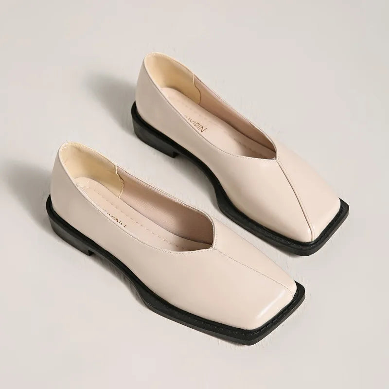 Slip-on Block Heel Single Shoes Fashion Square Toe Shallow Mouth Soft Sole Non-slip Block Heel Leather Shoes