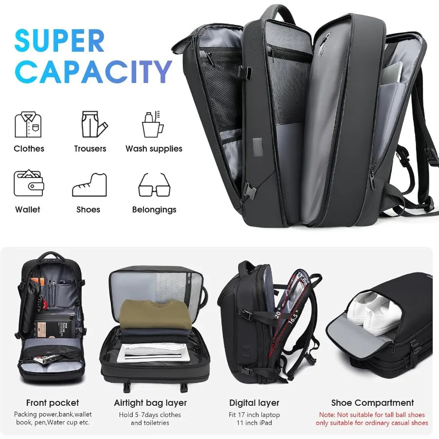 Vacuum Backpack Travel with Pump 40L Expandable Carry on Compression Backpack Flight Approved for Women Men Fit 17 Inch Laptop