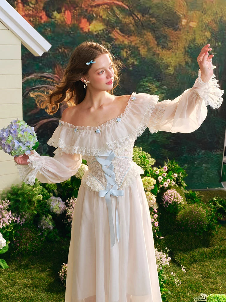 TIYIHAILEY Autumn Women Dress Full Lantern Sleeve Long Maxi Ladies XS-XL Vintage High Waist Lace Slash Neck White Lace Up 2025