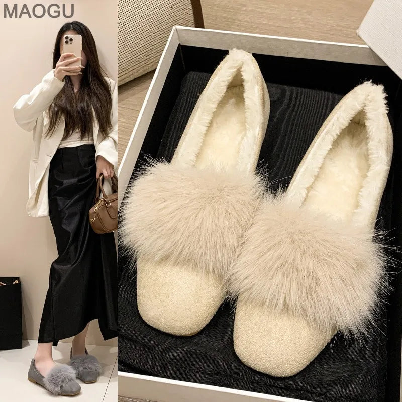 Women's Plush Flat Shoes 2025 Autumn Winter Faux Fur Lined Soft Sole Moccasins Warm Cotton Low Heel Pumps Slip on Comfortable