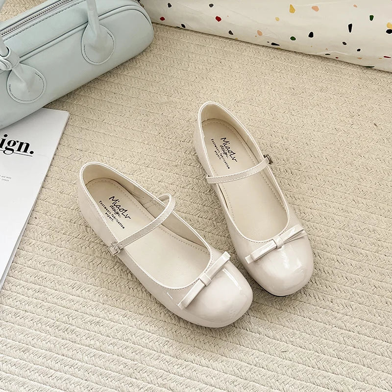 Spring Autumn Wine Red Mary Jane Shoes For Women Low Heel  Fashion Butterfly-knot Roud Toe Female Eelgant Dress Leather Shoes