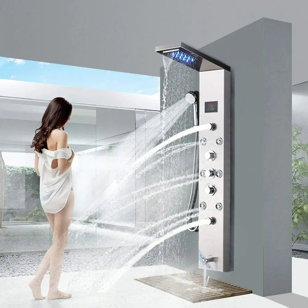 6-in-1 Brushed Nickel Shower Panel with LED, Adjustable Jets, Waterfall, Handheld, and Tub Spout