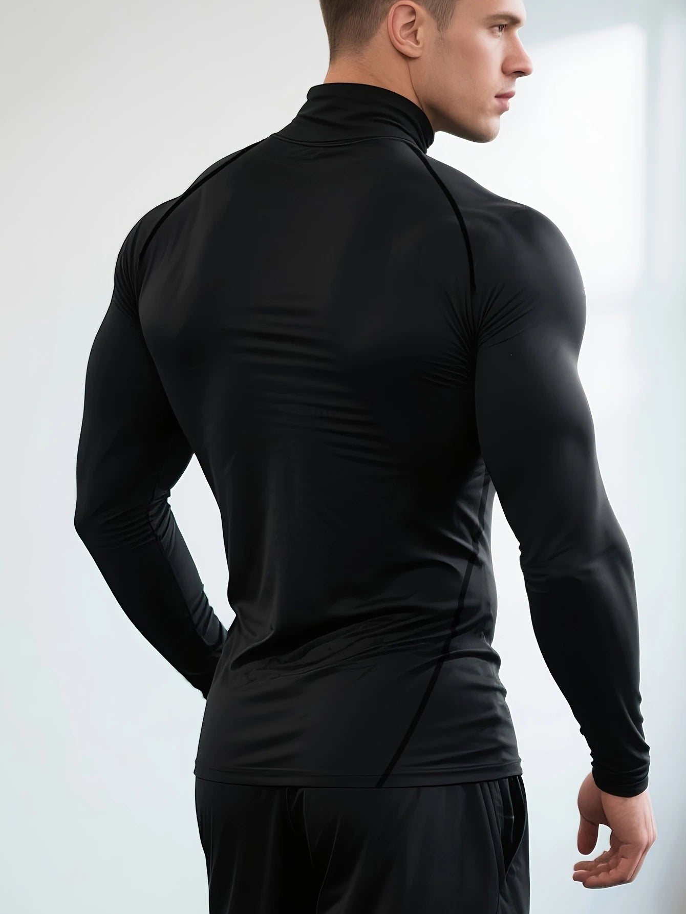1-Piece Men’s Black Raglan Mock Neck Compression Sports Top, Lightweight Breathable Stretch Long Sleeve Activewear Training, men