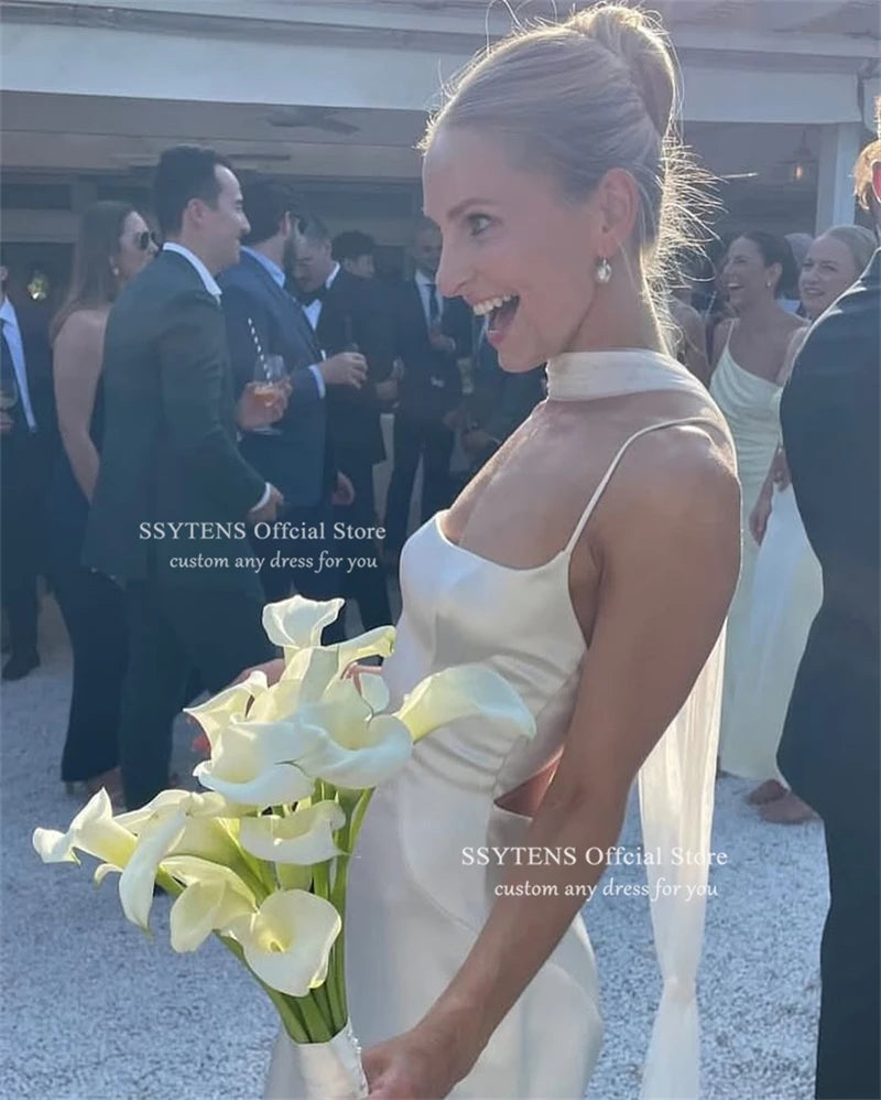 SSYTENS Elegant Ivory Wedding Dress Sleeveless Simple Bridal Gowns Square Collar Customized Simple Open Back Long Bride Dresses