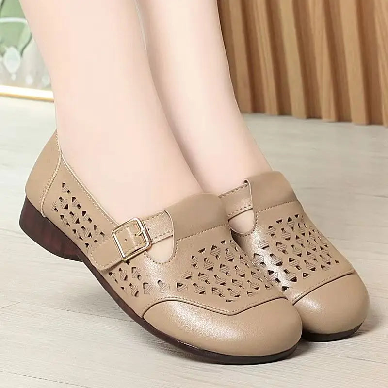 Women's Leather Hollow Out Low Heel Shoes Spring Summer Soft Sole Non Slip Round Toe Slip On Middle Aged And Elderly Sandals