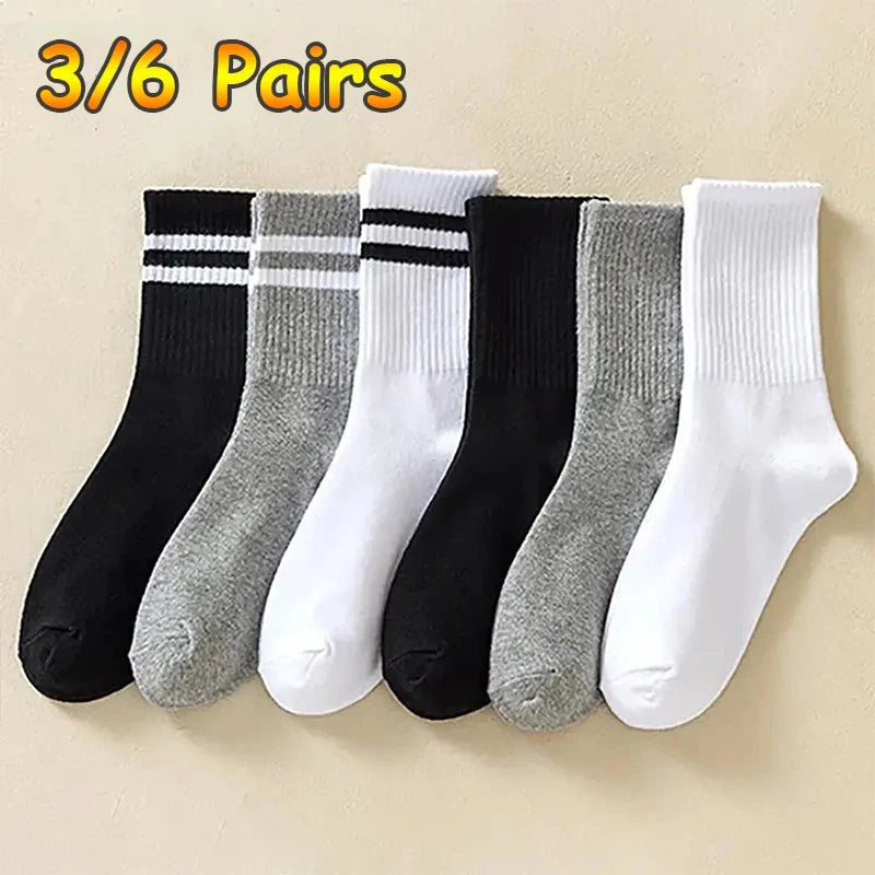 3/6 Pairs Women Sports Solid Socks Soft Comfortable Ventilate Versatile Mid Calf Socks Casual Stripe Splice Female Street Socks