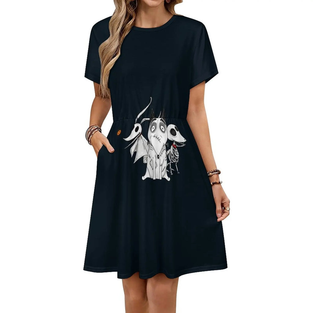 Zero Scraps And Sparky Dog Tim Burton Movies Women's Hip Hop Streetwear Dress Graphic Print Party Club Wear Corpse Bride Tim