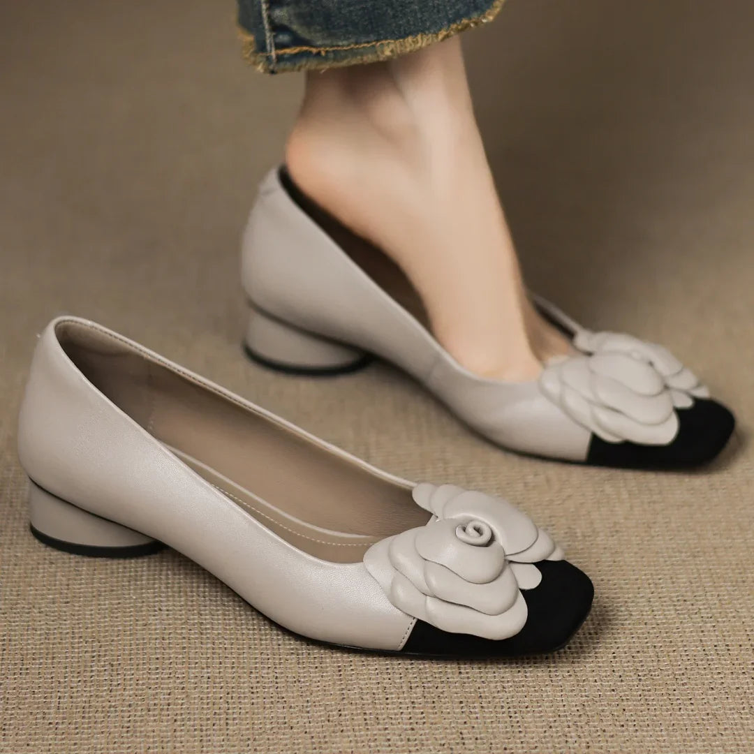 Plus size 34-41 women's sheepskin mix color patchwork slip-on pumps flower decoration OL style daily slim dress heeled shoes hot