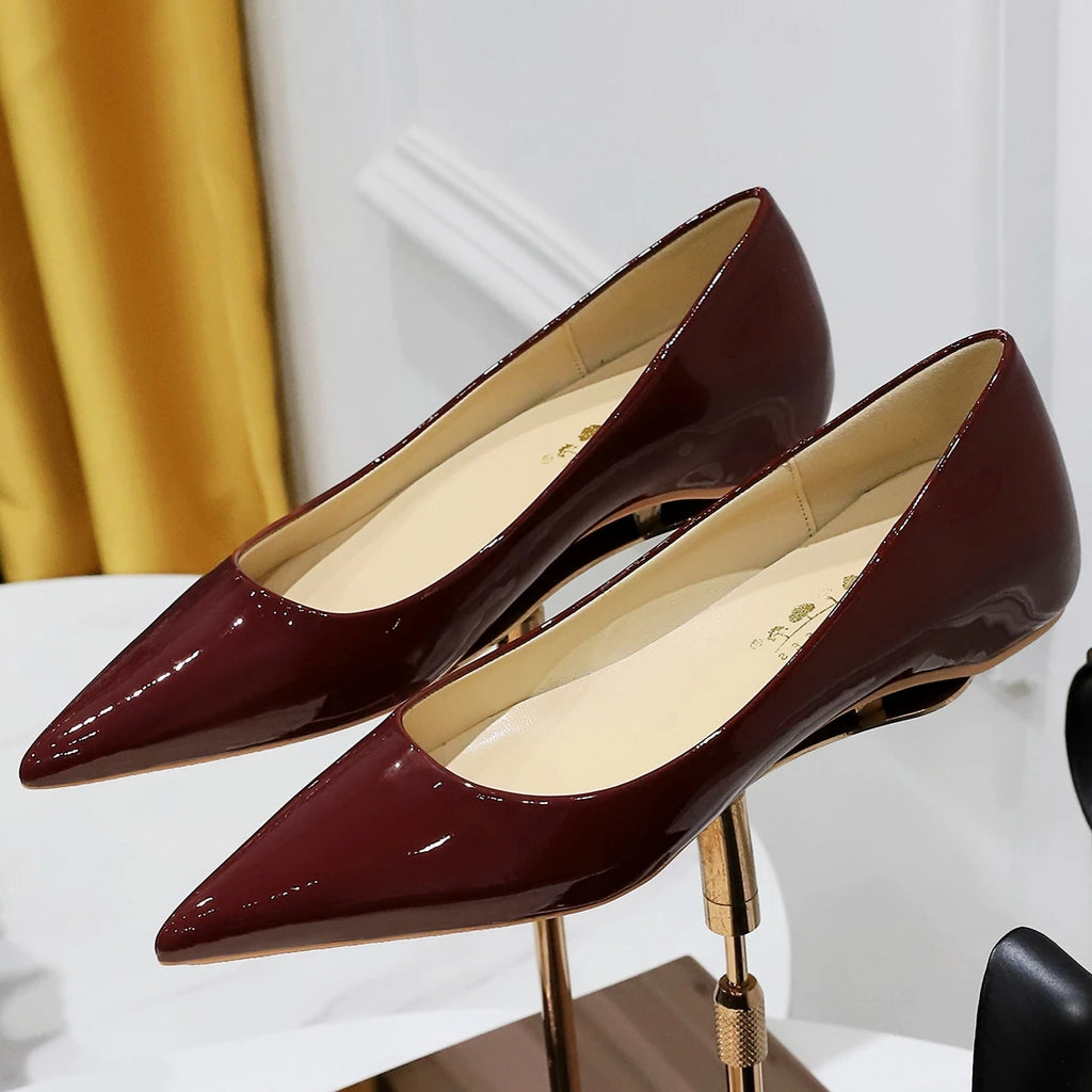 2025 New Spring Women Low High Heels Dress Party Pointed Toe Patent Leather Pumps Ladies White Black Nude Wine Red Shoes F0001