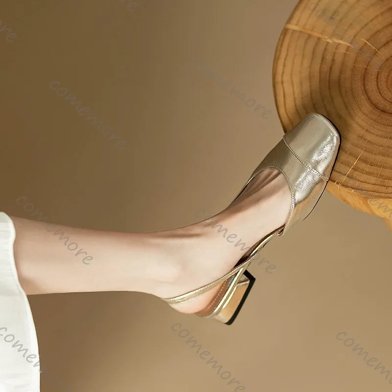 Summer French Comfortable Square Toe Shallow Mouth Pumps Back Strap Low Heel Single Shoes Sandals for Women Zapatos De Mujer