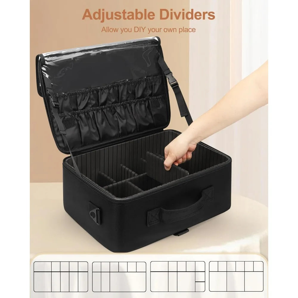 Large Makeup Bag with 3 Removable Pouches, Adjustable Dividers & Brush Holder - Professional Travel Cosmetic Organizer Case