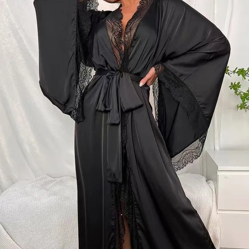 New satin long pajamas women's lace light luxury long-sleeved cool nightgown bathrobe loungewear