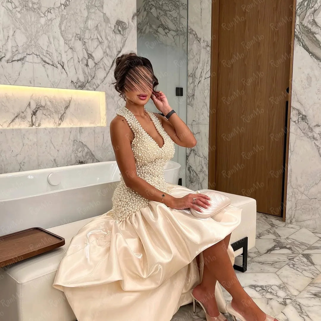 Ranmo Customized Luxury Sleeveless Halter Prom Dresses V-Neck Pearls Prom Dresses V Neck Pearls Backless Evening Party Dresses