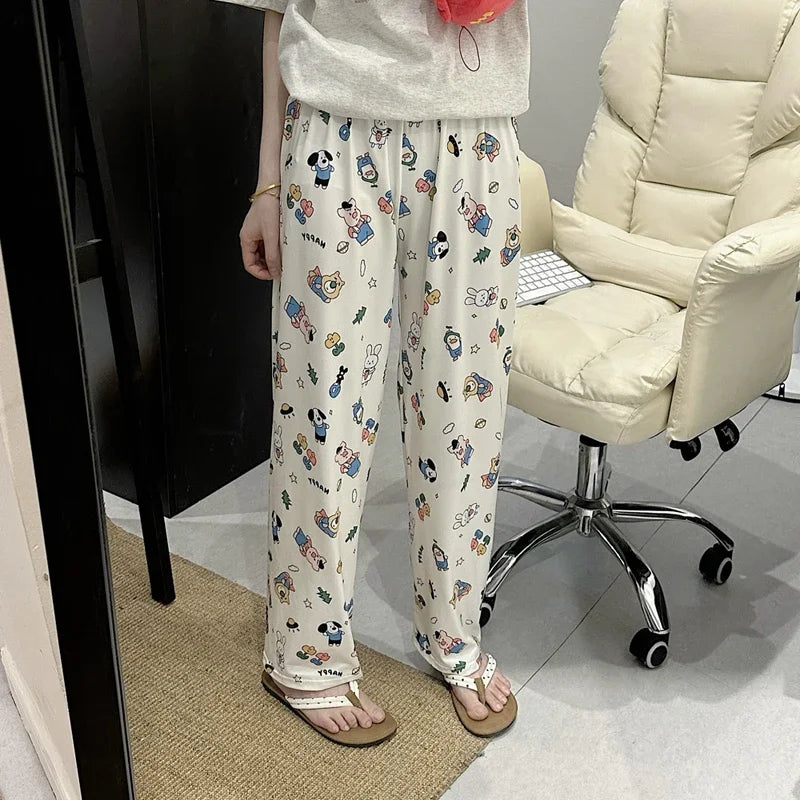 Pajama Pants Long Pants White Cartoon Rabbit Girl Casual Pants Student Home Pants Plus Size Black Female Fashion Sleeping Pants