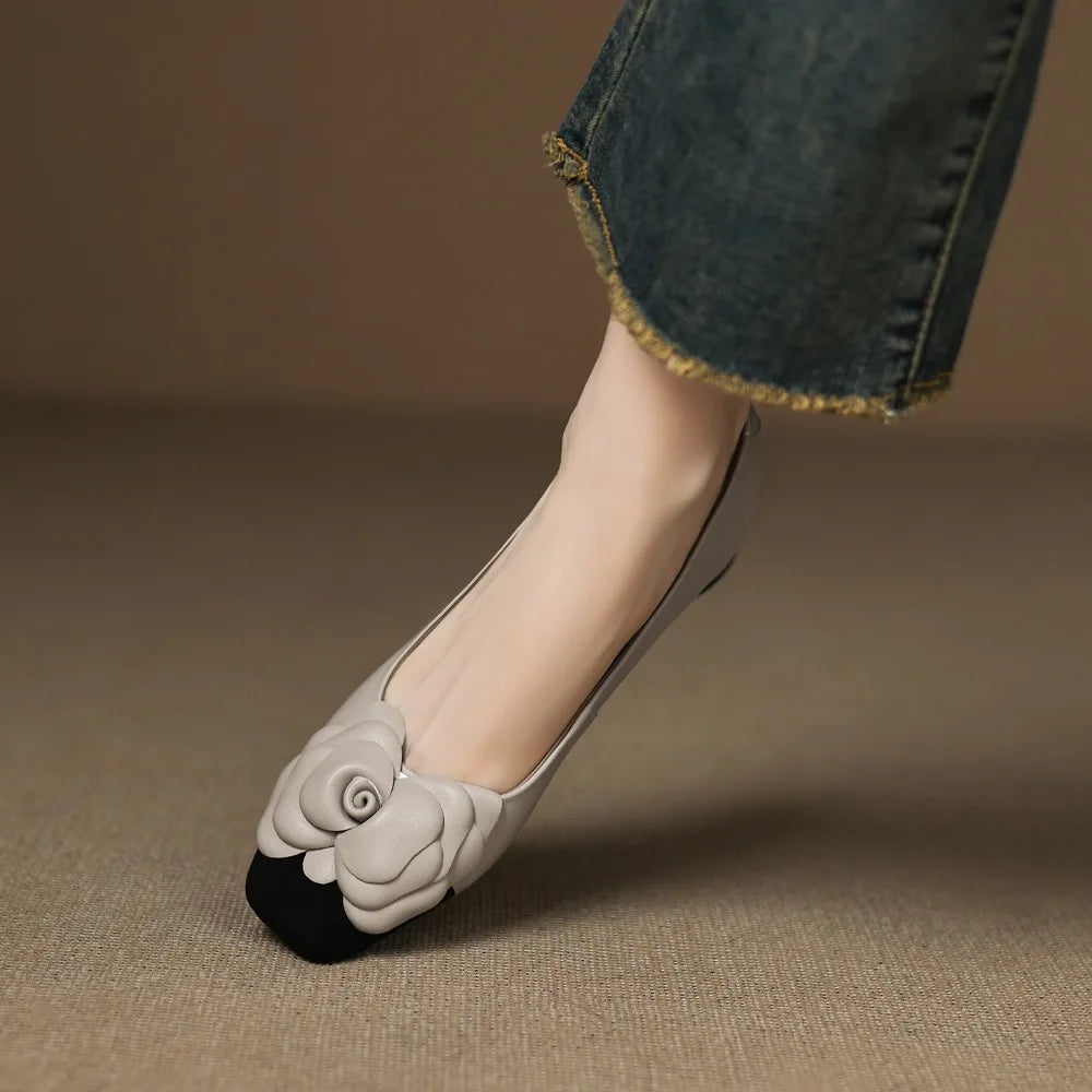 Fashion Flower Single Shoes Autumn New Square Toe Shallow Mouth Slip-on Non-Slip Low-Top Shoes
