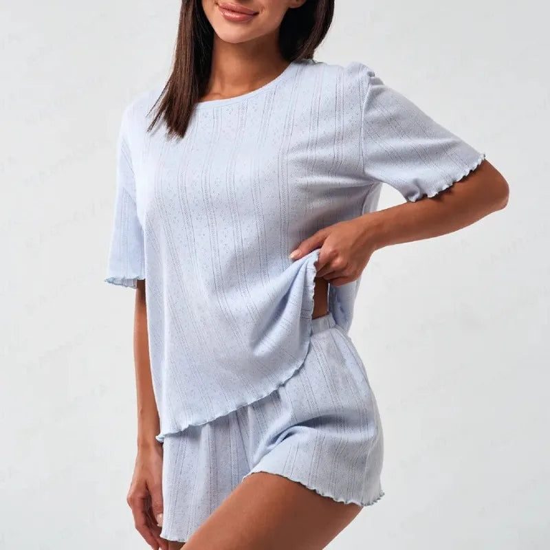 2pcs Set Women's Cotton Pajama Set - Spring Autumn Short Sleeve & Shorts Loungewear, Comfortable Breathable Homewear