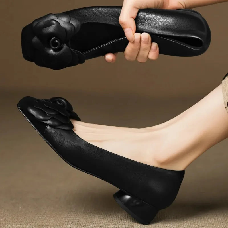 Plus size 34-41 women's sheepskin mix color patchwork slip-on pumps flower decoration OL style daily slim dress heeled shoes hot