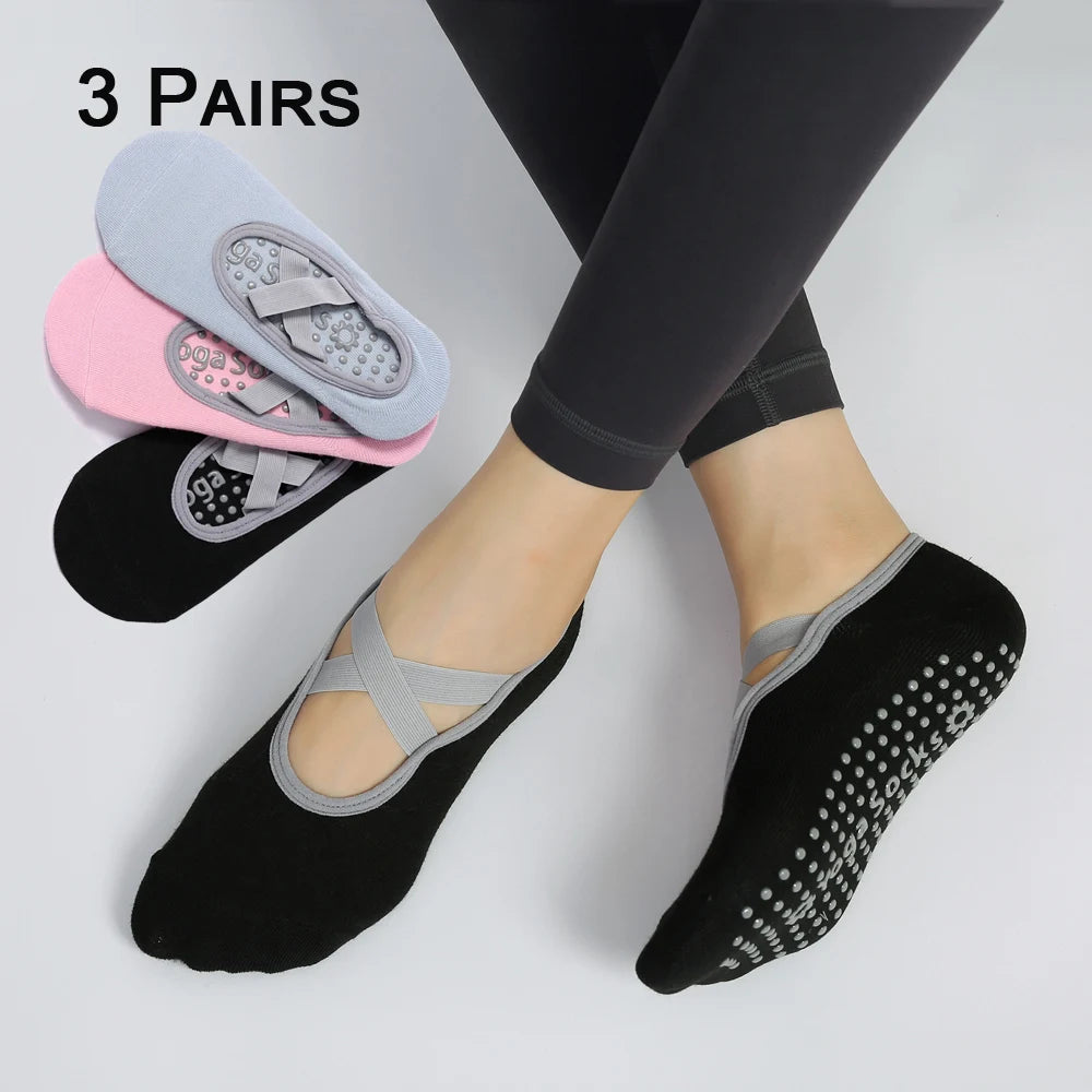 3 Pairs Non-Slip Pilates Socks Bandage Cotton Backless Yoga Socks for Women Fitness Ballet Dance Workout Sport Socks Slipper