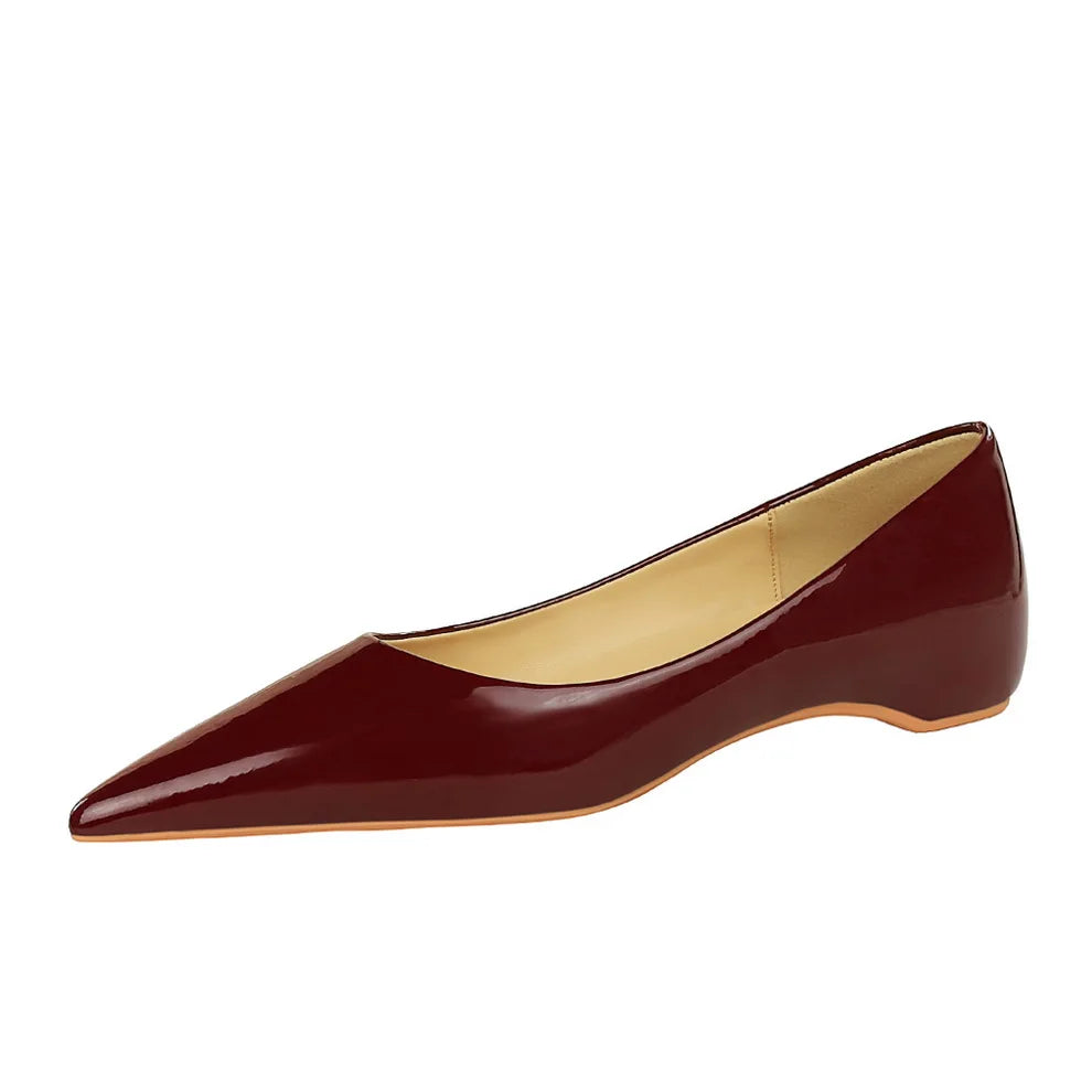 2025 New Spring Women Low High Heels Dress Party Pointed Toe Patent Leather Pumps Ladies White Black Nude Wine Red Shoes F0001