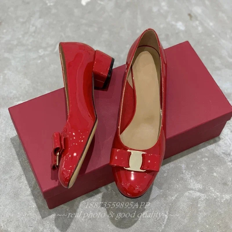 2025 FANGXITING Women's Bow Leather Shiny Leather Block Heels Classic Brand High Quality 100% Handmade Flats