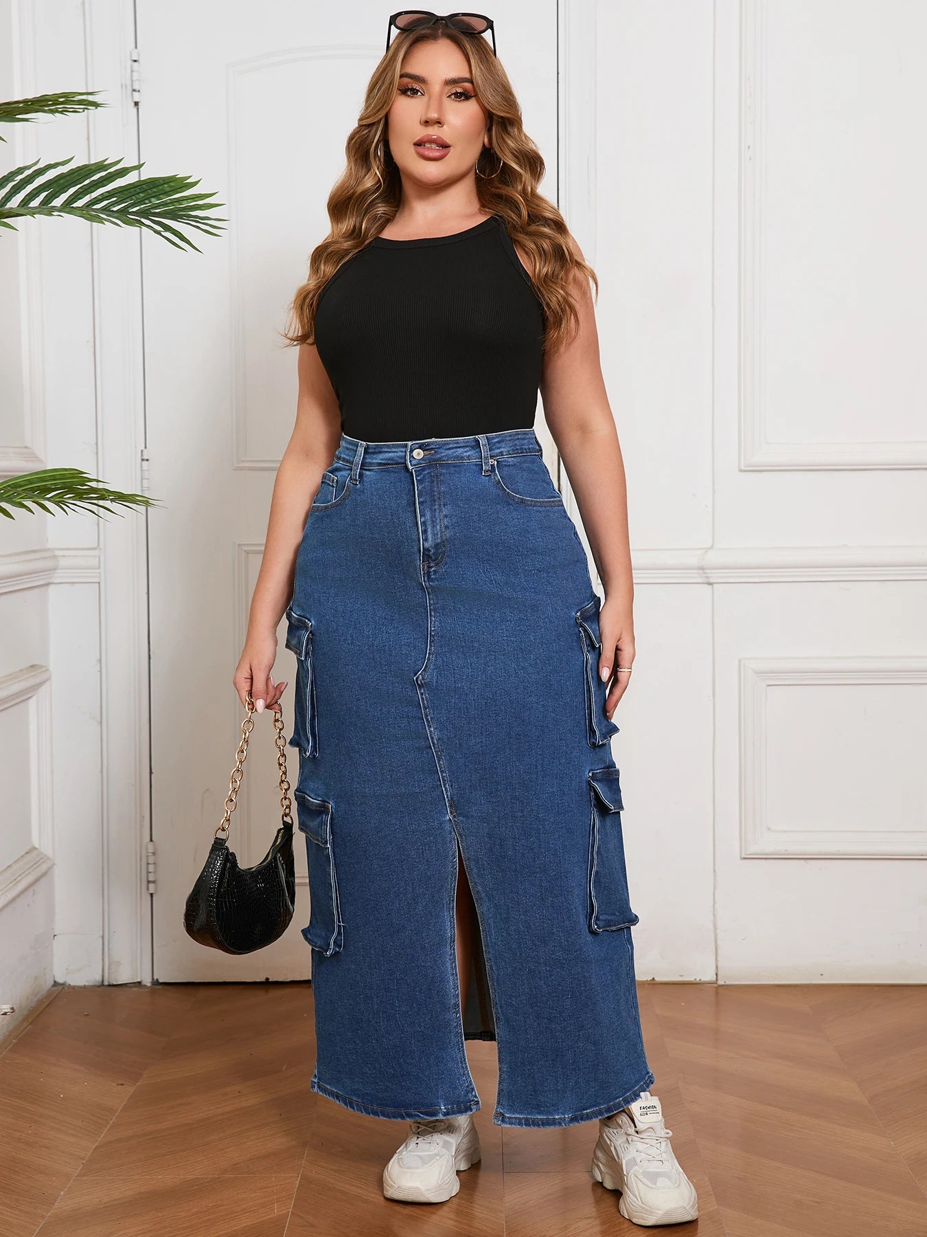 Denim Long Skirt for Women Street Style Cargo Design Split Hem Chic Outfit Casual Fashion Clothing Pants