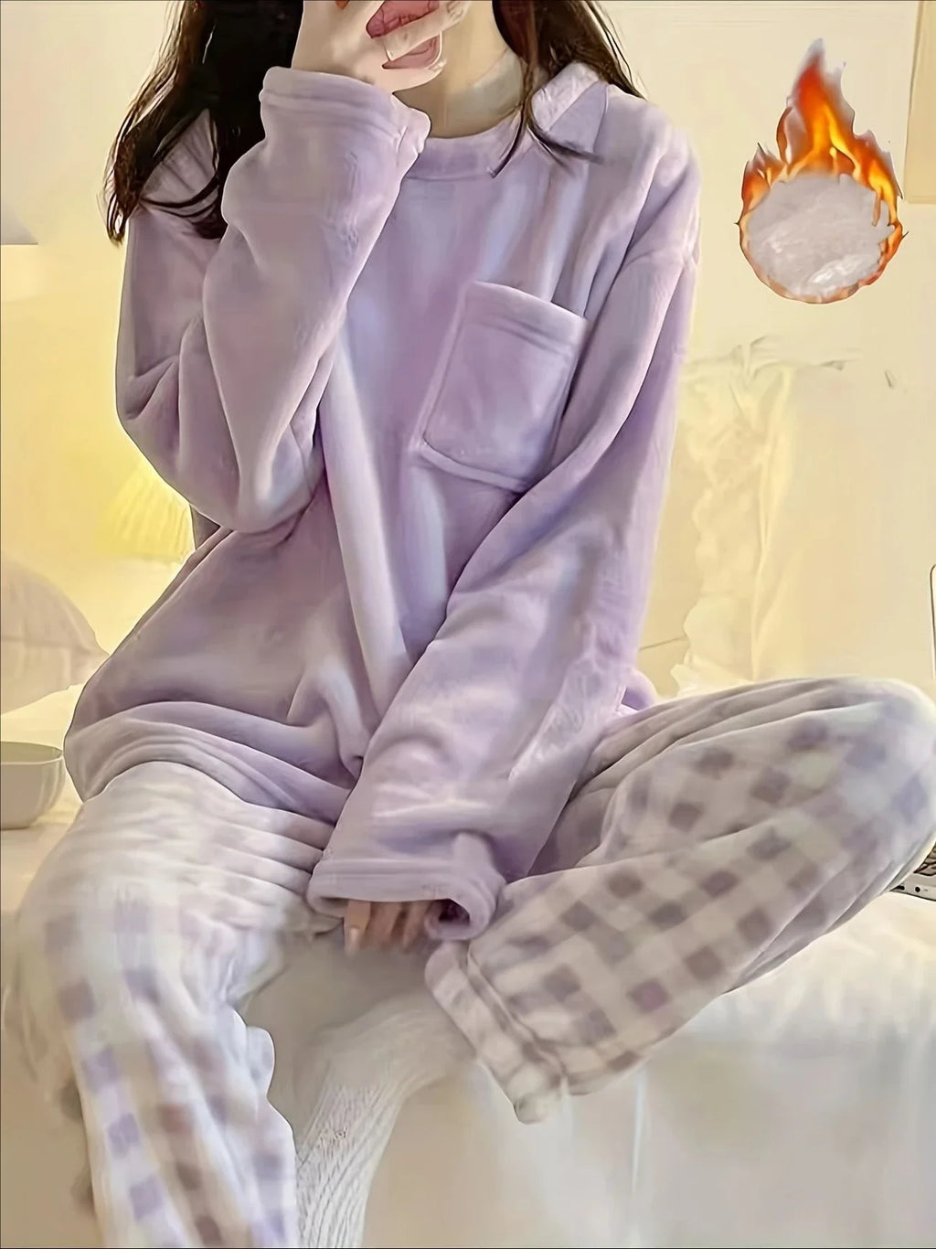 Thickened Warm Sleepwear for Winter Simple O-Neck Loose Flannel Plaid Pants Loungewear Soft 2 Piece Set Pajamas Homewear