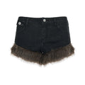 2025 Winter New Retro Fluffy Splicing Denim Shorts Spice Girl Warm Fashion Low Waist Hip Hot Pants Women