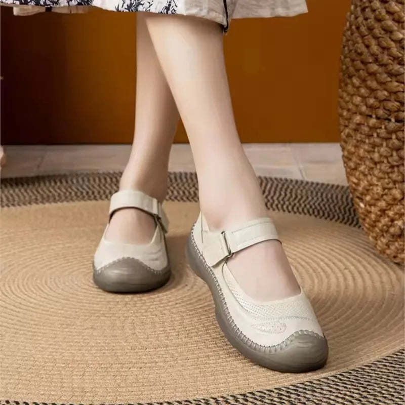 Autumn Top Cowhide Shallow Mouth Single Shoe For Women Retro Style Flat Bottomed Cow Tendon Soft Soled Mother's Shoes